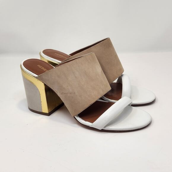 Rebecca Minkoff White Brown Metallic Leather Suede Mule Sandals Heels Size 7 M - Picture 1 of 11